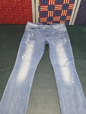 **Express Distressed Barely Boot Mid Rise Jeans - Blue Denim**